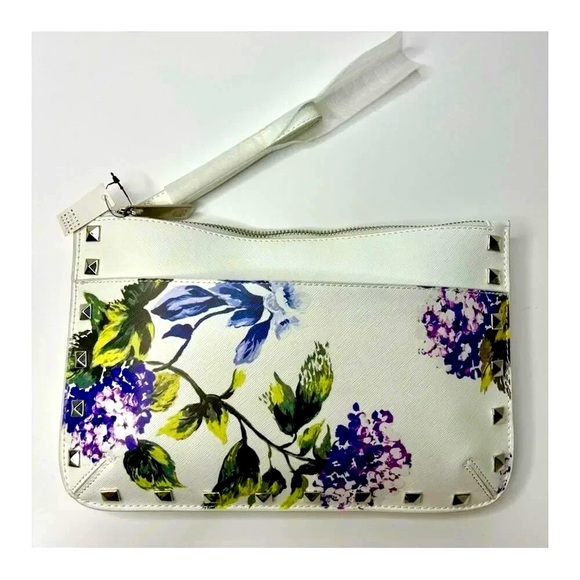 White House Black Market Hydrangea Studded Floral Clutch Wristlet White/Multi - Picture 3 of 8